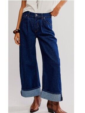 Free People Alia Wide Leg Jeans in Dark Blue with Rolled Cuff